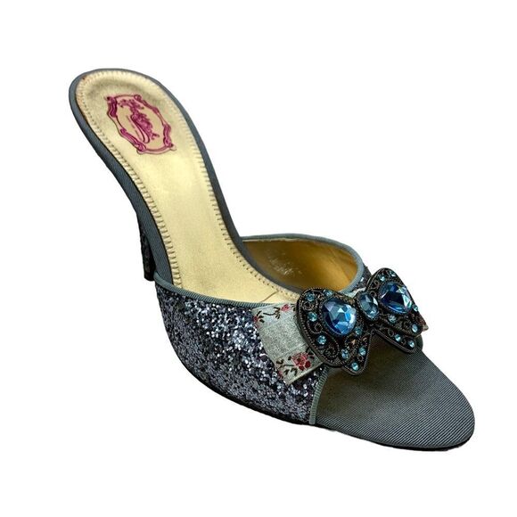 Hale Bob Bo Blue Glitter Heels Rhinestones Jewels Bows 8.5 Slides Mules - Picture 2 of 11
